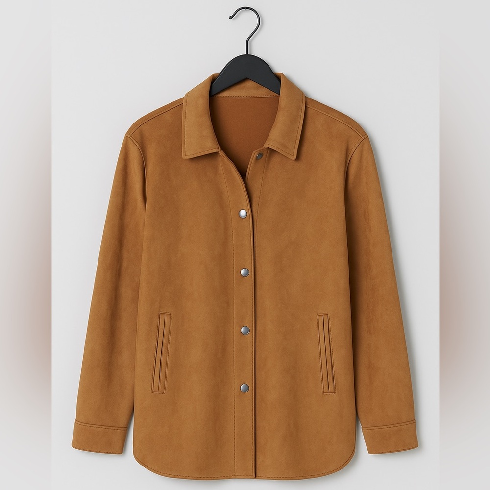 Wynne Layers Stretch Faux Suede Shirt Jacket | Camel Tan | Size Large - Picture 3 of 9